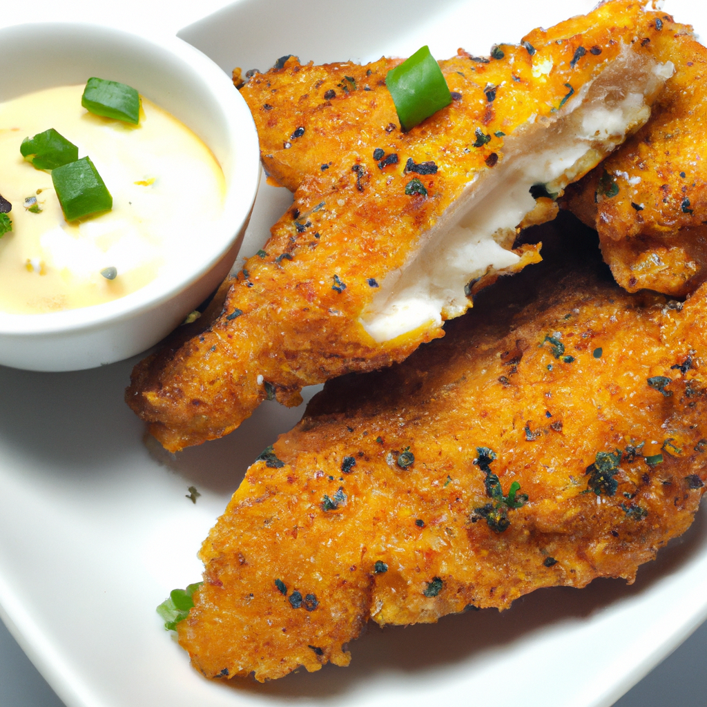 An image showcasing a golden-brown, crispy coconut chicken breast cooked to perfection in an air fryer