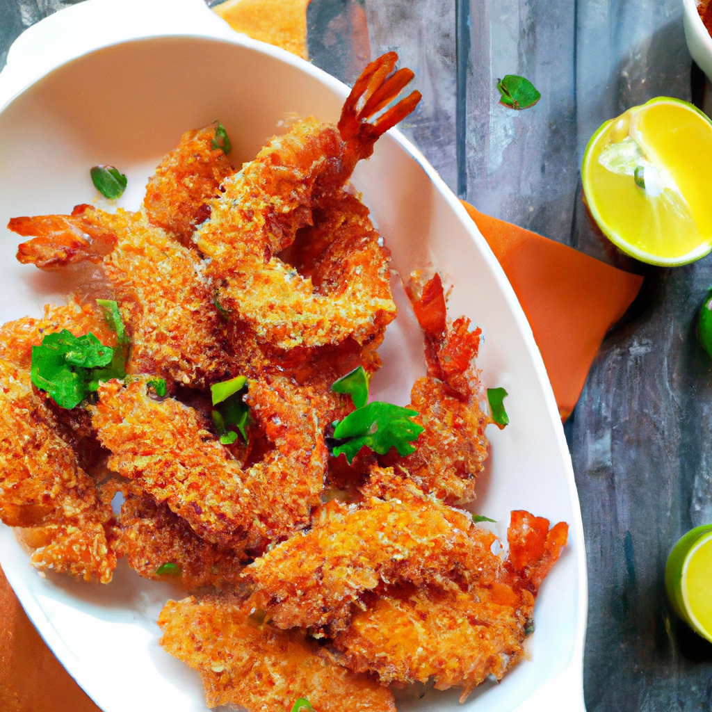 the essence of indulgence with a tantalizing image of golden-brown coconut shrimp, perfectly crispy and irresistibly delicious