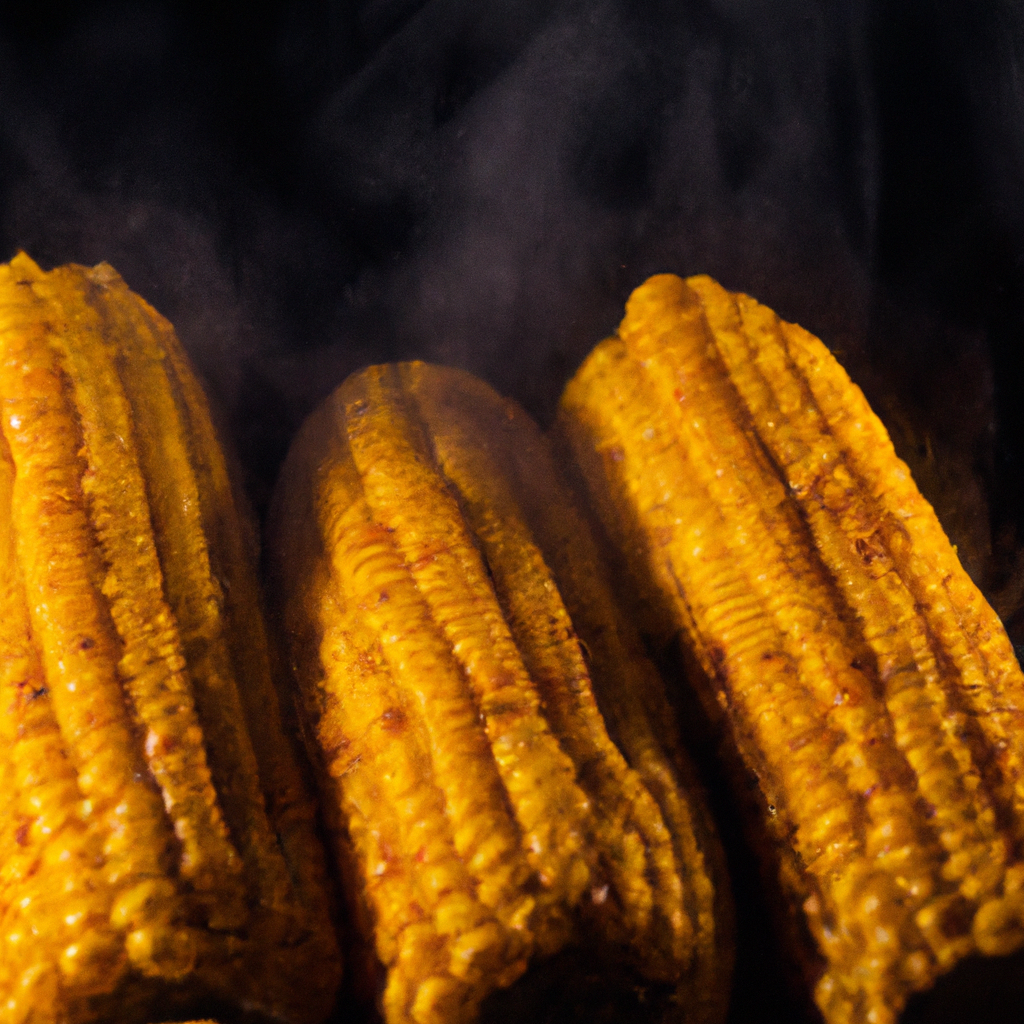 An image that showcases golden, lightly charred corn on the cob fresh out of the air fryer, with its juicy kernels glistening and a hint of smoke rising, evoking the irresistible aroma of perfectly cooked corn