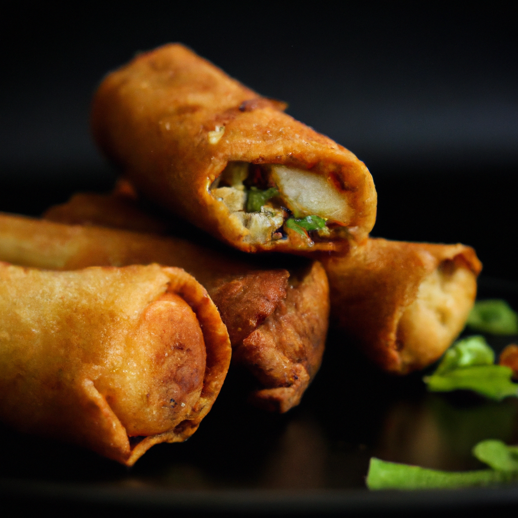 An image that showcases a golden-brown Air Fryer Egg Roll, perfectly crispy and filled with vibrant vegetables, succulent meat, and savory spices