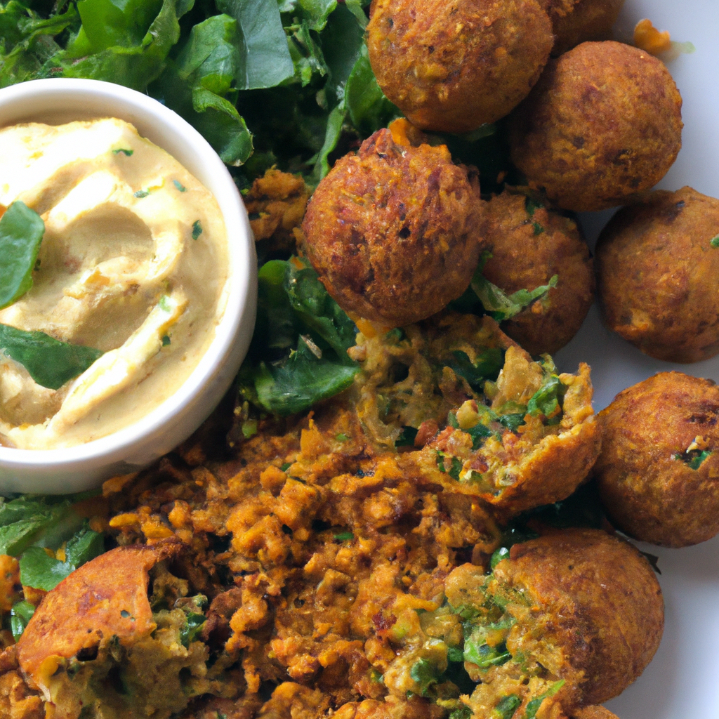 E the essence of crispy yet tender Air Fryer Falafel with a visually captivating image showcasing golden-brown falafel balls, bursting with vibrant green herbs, accompanied by a side of creamy tahini sauce