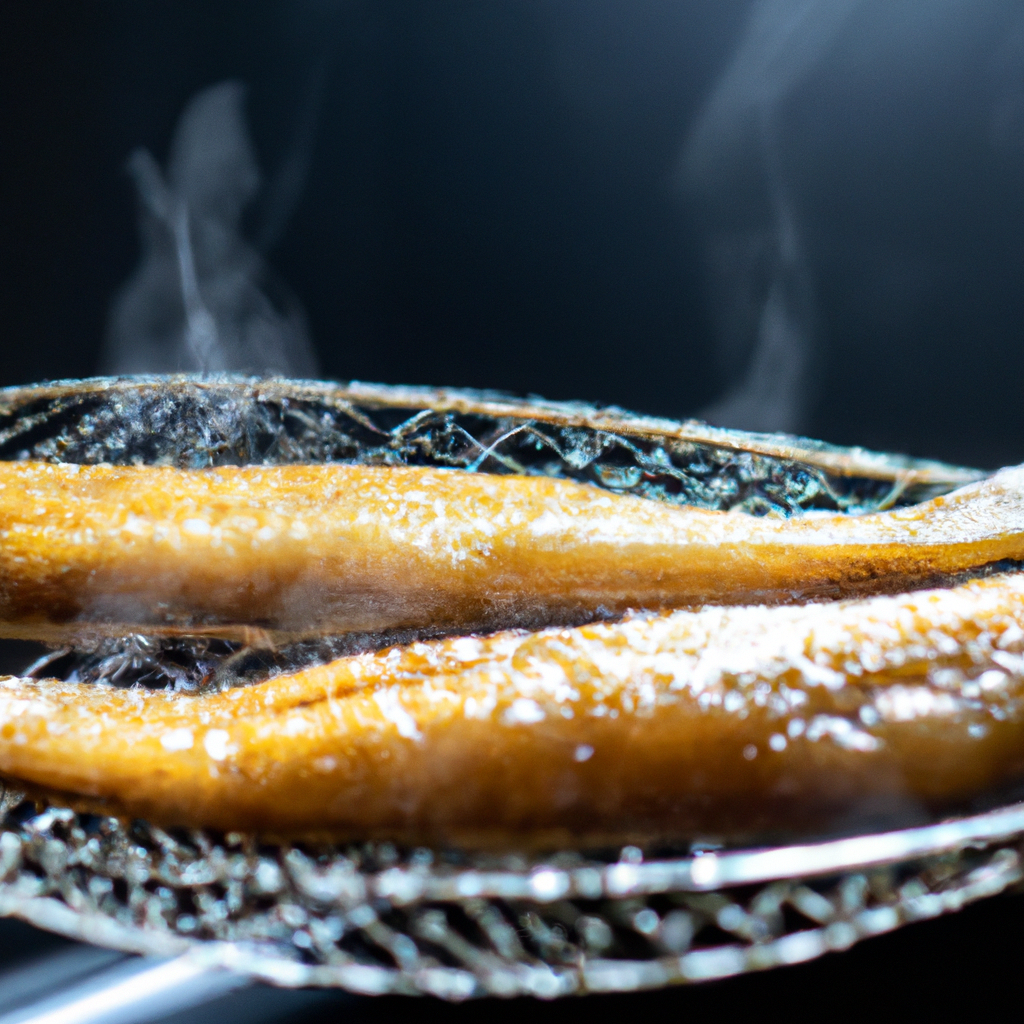 An image showcasing perfectly golden, crispy fish fillets in an air fryer, surrounded by a delicate mist of steam