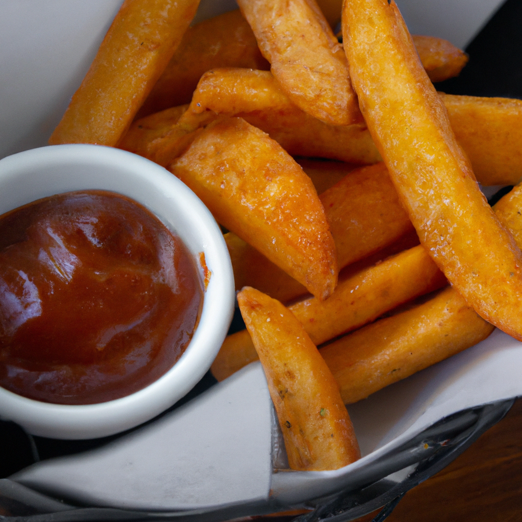 An image showcasing golden-brown French fries glistening with a crispy texture