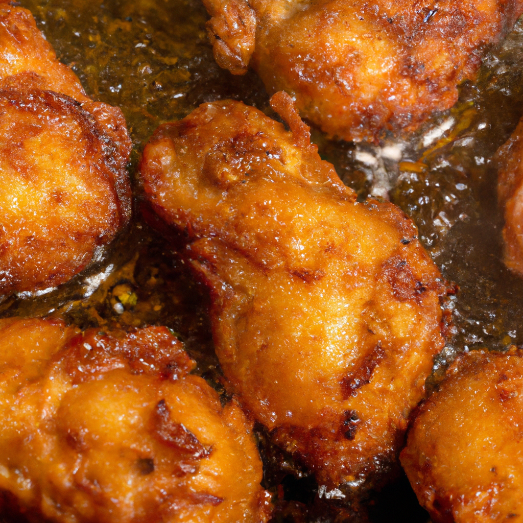 An image of succulent golden-brown chicken pieces sizzling in an air fryer, surrounded by a halo of steam, with a crispy texture that promises a flavorful bite