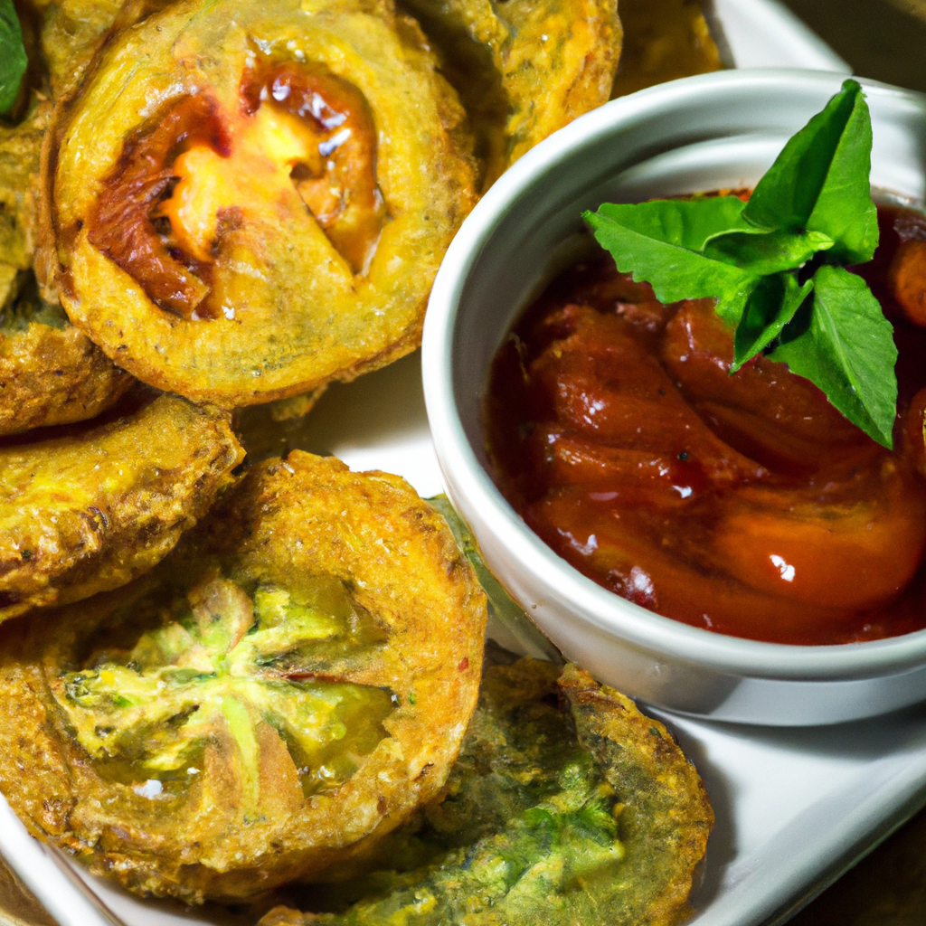 An inviting image that showcases the deliciousness of Air Fryer Fried Green Tomatoes: Vibrant, golden-brown tomato slices coated in a crispy seasoned crust, served with a side of zesty dipping sauce