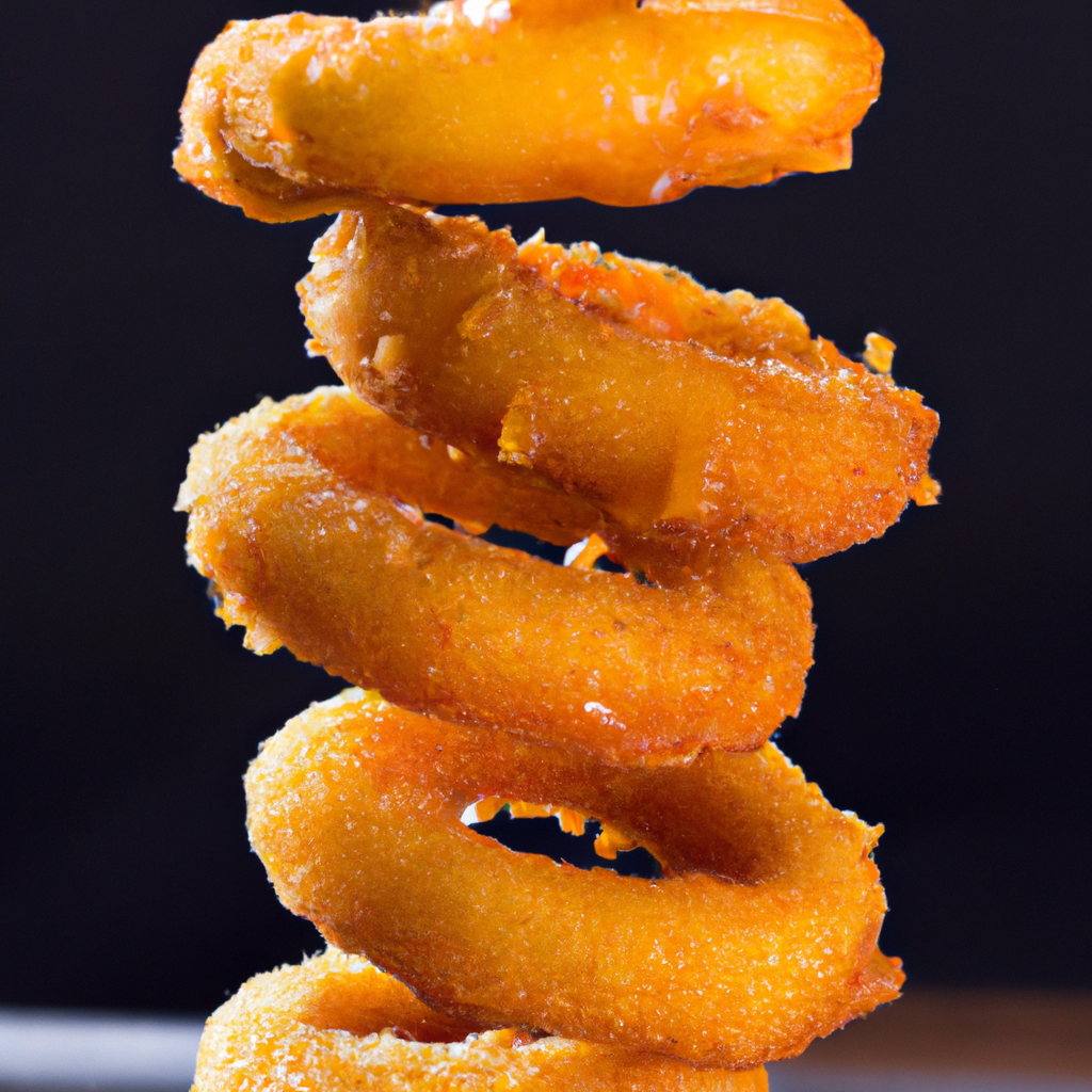 An image that showcases golden-brown onion rings, delicately coated in crispy breadcrumbs