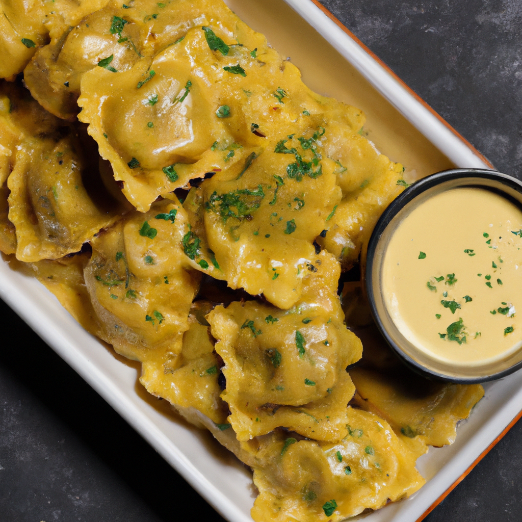 An image capturing the golden-brown perfection of crispy air-fried ravioli, glistening with a thin layer of olive oil