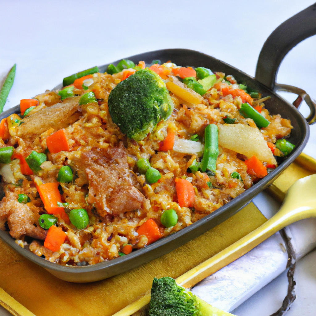 An image capturing a sizzling, golden-hued air fryer basket filled with mouthwatering fried rice, adorned with vibrant diced vegetables, succulent chunks of tender meat, and delicate flecks of aromatic herbs
