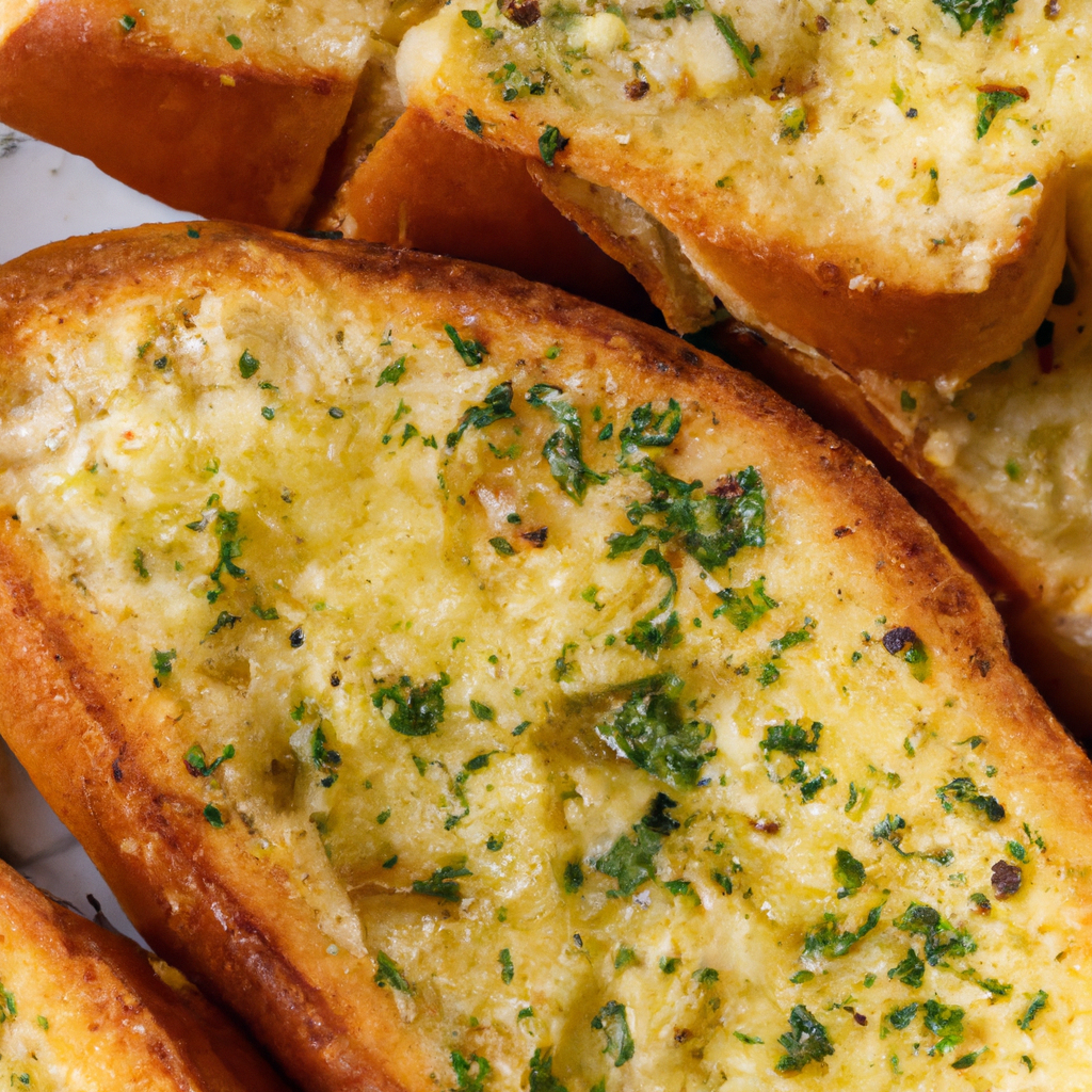 An image showcasing golden, crispy slices of garlic bread emerging from the air fryer