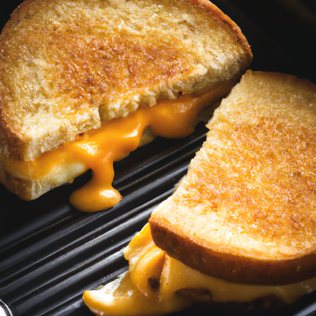 An image showcasing a golden-brown grilled cheese sandwich emerging from an air fryer, oozing with melted cheese, perfectly toasted bread, and a tantalizing aroma of crispy goodness filling the air