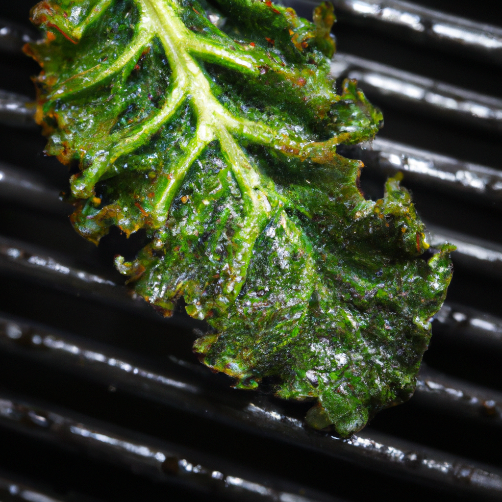 An image that showcases a vibrant green kale leaf, perfectly crisp and seasoned, emerging from a sizzling air fryer basket