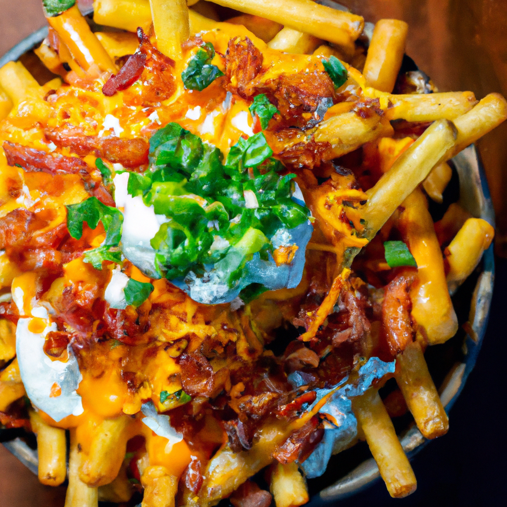An image showcasing a mountain of golden, crispy air-fried fries generously smothered in melted cheddar cheese, topped with crispy bacon bits, tangy sour cream, and vibrant green onions, all served in a rustic wooden bowl