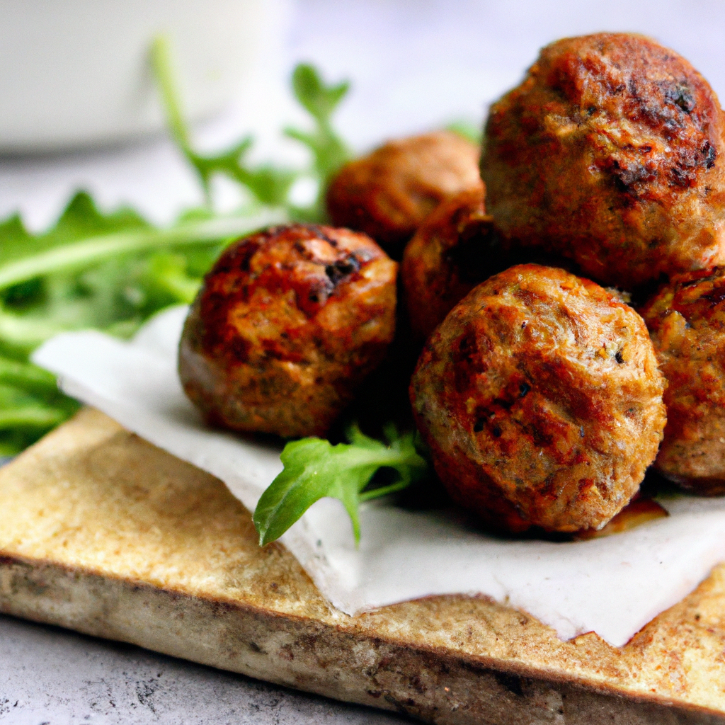 An image capturing golden-brown meatballs, perfectly crisp on the outside, nestled on a bed of vibrant green herbs