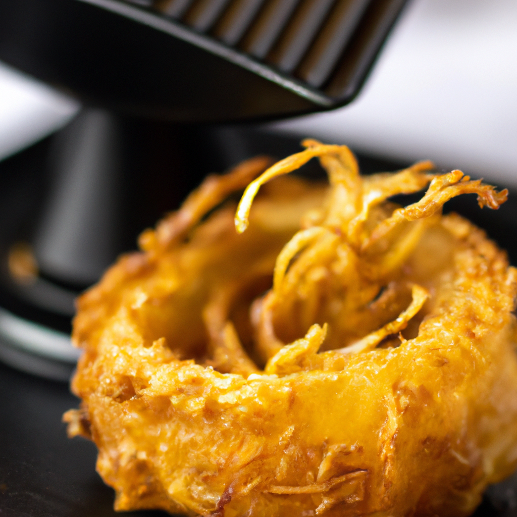 An image capturing the golden perfection of an air fryer onion blossom, glistening with a crispy exterior and revealing layers of tender, caramelized onion petals, adorned with a drizzle of tangy dipping sauce
