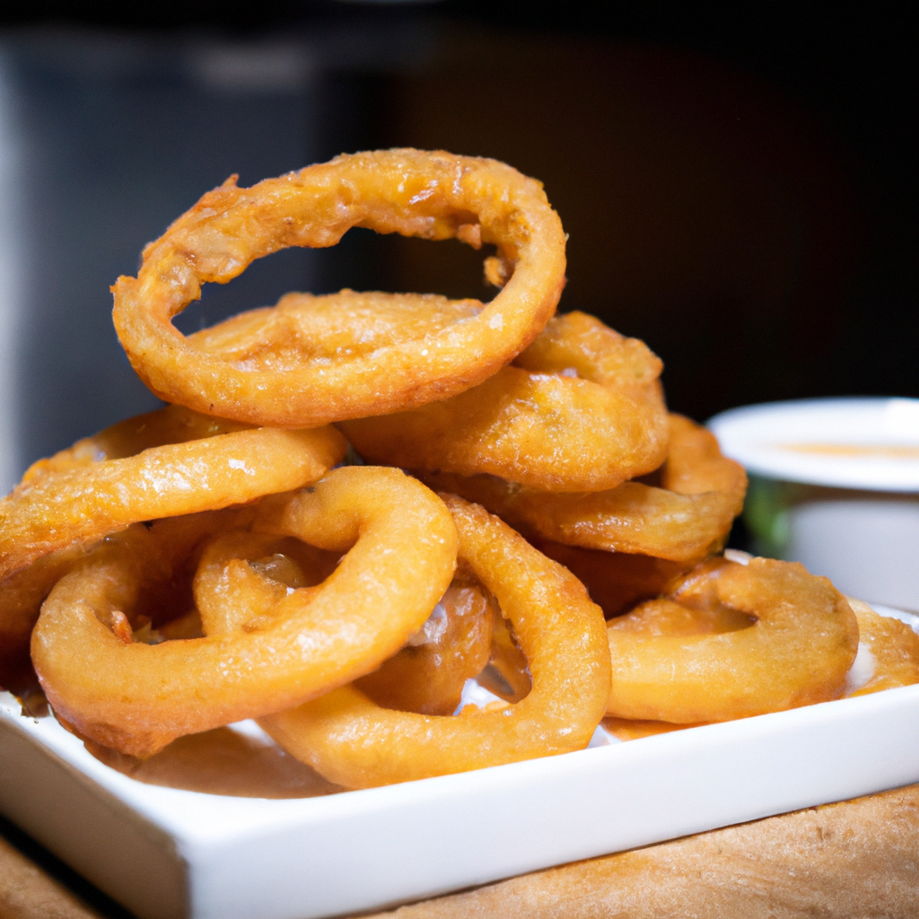 An image showcasing golden-brown onion rings glistening with a crispy coating, revealing the tender onion inside