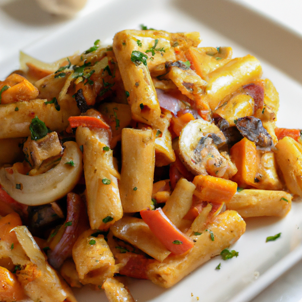 E the essence of air-fried perfection - a golden symphony of rigatoni nestled amongst vibrant chunks of roasted vegetables