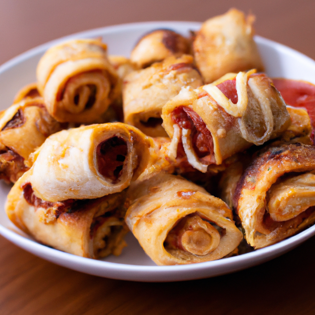 An image capturing the crispy golden exterior of air fryer pizza rolls, oozing with melted cheese and savory fillings