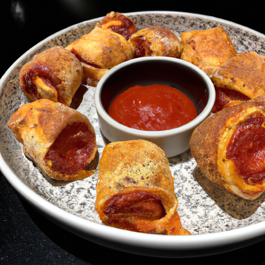 An image showcasing a golden-brown batch of crispy air fryer pizza rolls, oozing with melted cheese and bursting with savory pepperoni, perfectly arranged on a plate alongside a tangy marinara dipping sauce