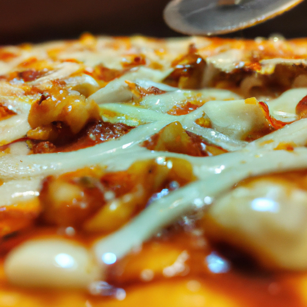 An image showcasing a sizzling golden-brown pizza emerging from an air fryer
