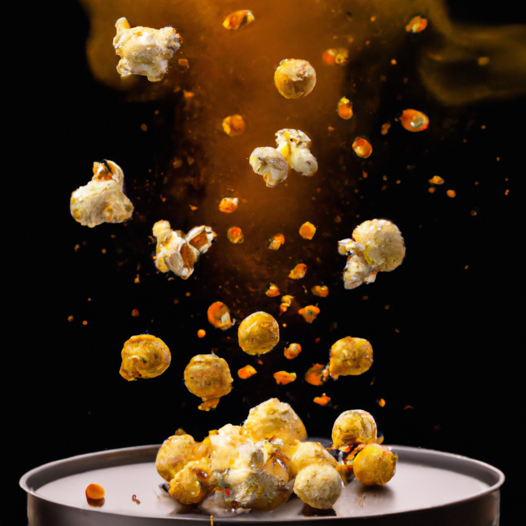 An image showcasing golden popcorn kernels gracefully floating mid-air, surrounded by a burst of hot air, as they undergo a magical transformation inside an air fryer
