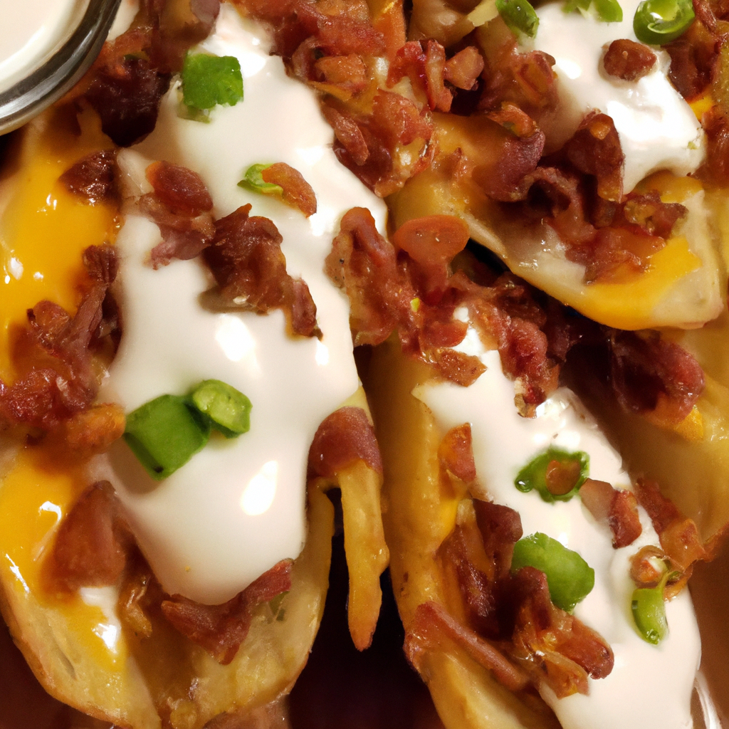 An image showcasing golden-brown potato skins, filled with a mouthwatering blend of melted cheddar cheese, crispy bacon bits, and vibrant green onions, served alongside a tangy sour cream dip