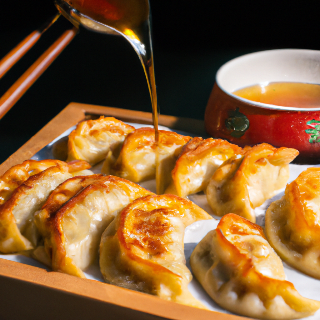 An image showcasing a golden-brown batch of perfectly crispy air fryer potstickers, glistening with savory juices