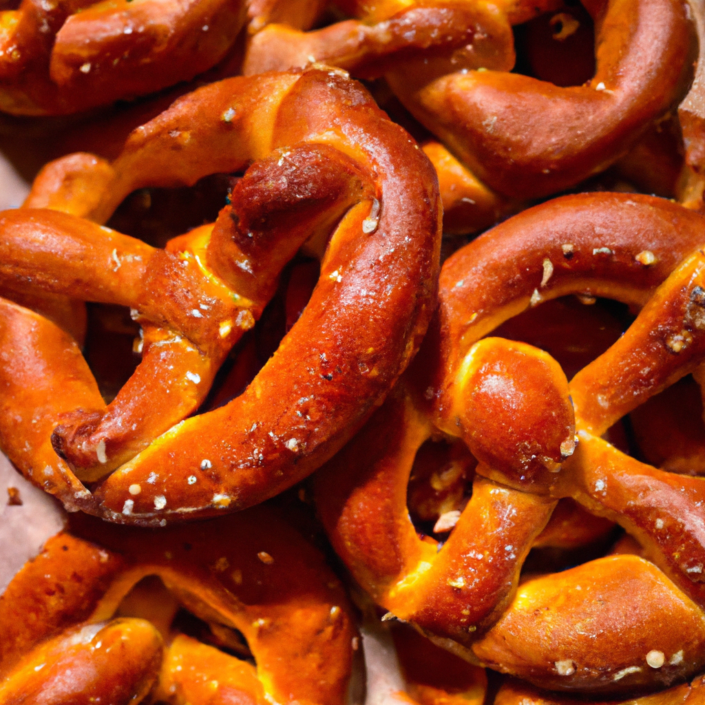 An image showcasing golden-brown Air Fryer Soft Pretzels, perfectly twisted and sprinkled with coarse salt, their irresistible aroma wafting through the air