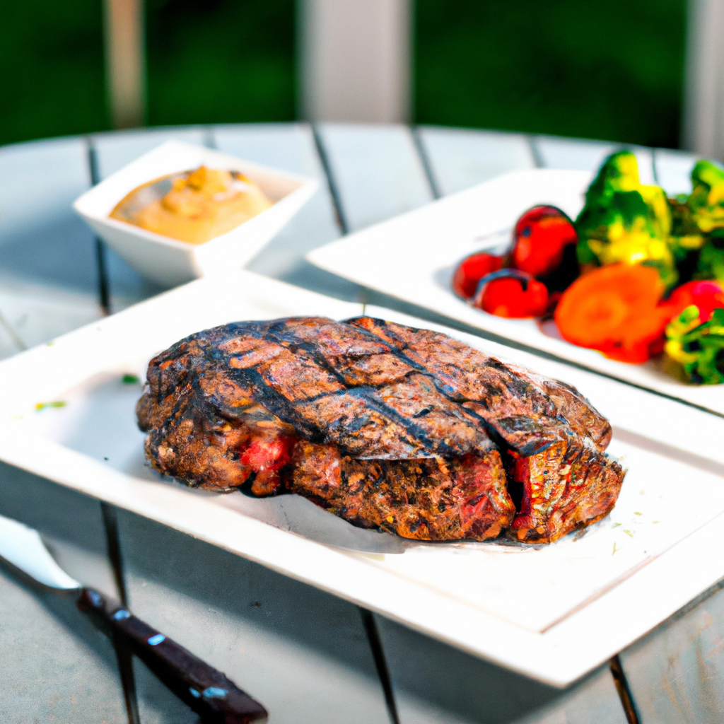 An image showcasing a sizzling, golden-brown steak, perfectly seared with tantalizing grill marks