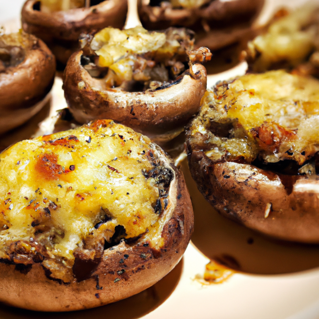 An image of golden-brown, crisp-edged stuffed mushrooms emerging from a sizzling air fryer, oozing with gooey cheese and sprinkled with fragrant herbs