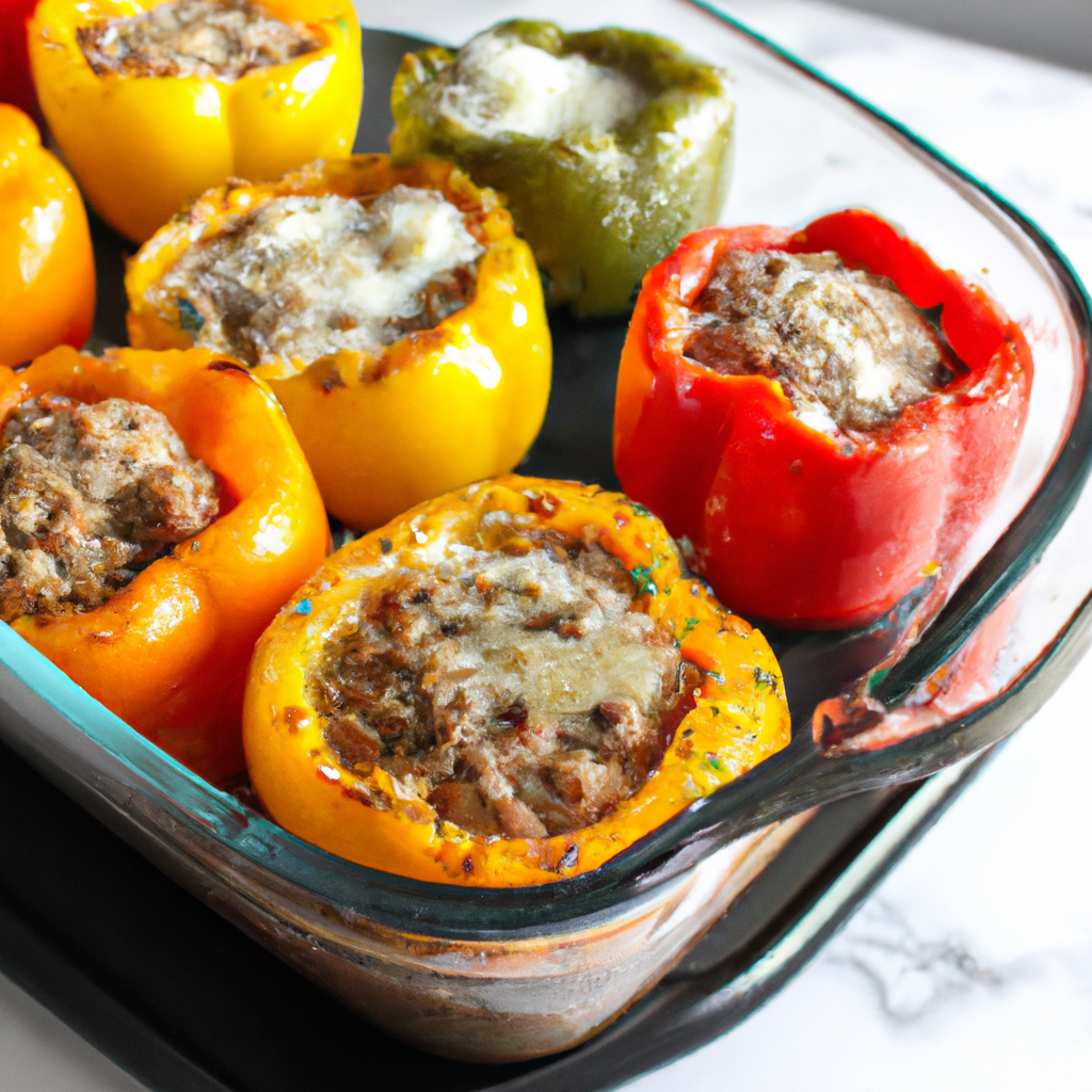 An image showcasing vibrant, bell peppers delicately stuffed with a medley of colorful ingredients like seasoned ground turkey, quinoa, and melted cheese, sizzling in an air fryer, emitting tantalizing aromas