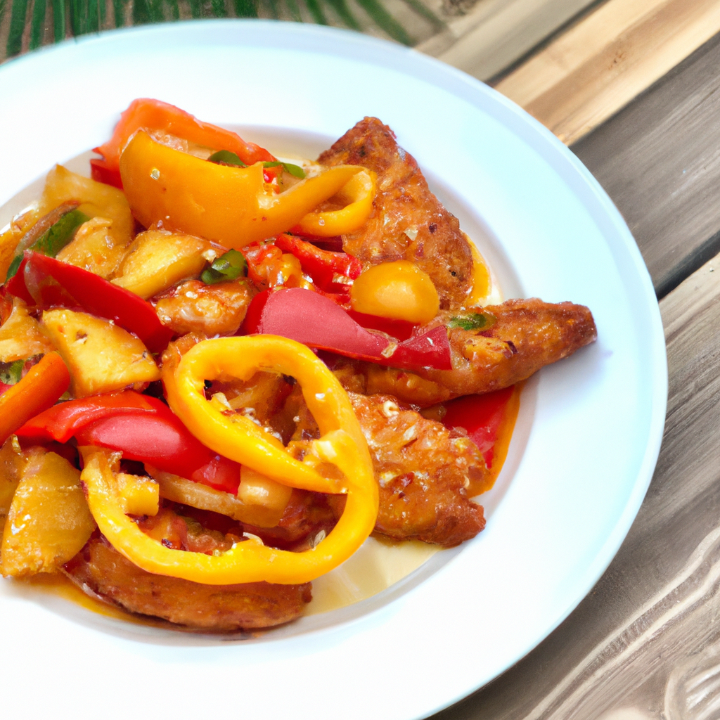 the vibrant essence of Air Fryer Sweet and Sour Chicken with a mouth-watering image that showcases succulent chunks of crispy golden chicken coated in a glossy, tangy sauce, garnished with colorful bell peppers and juicy pineapple chunks