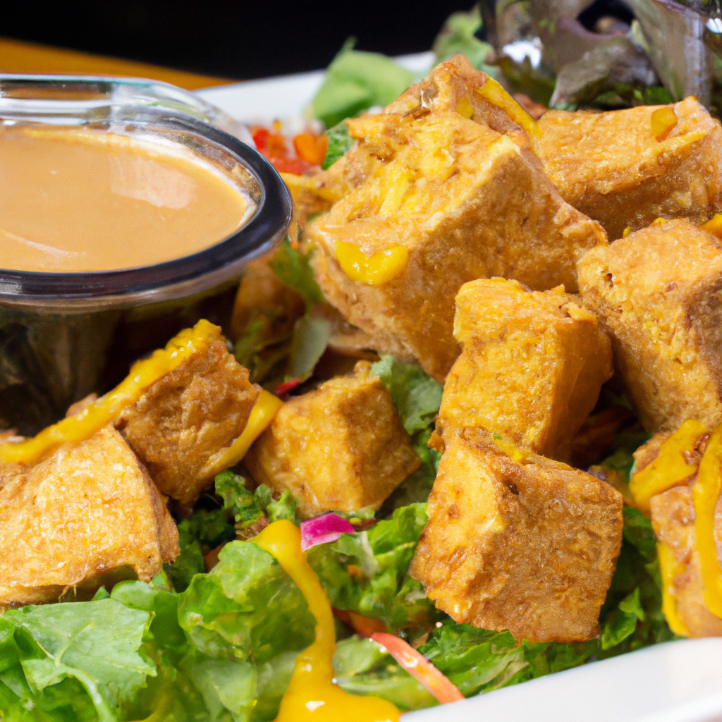 An image showcasing golden, crispy cubes of tofu in an air fryer