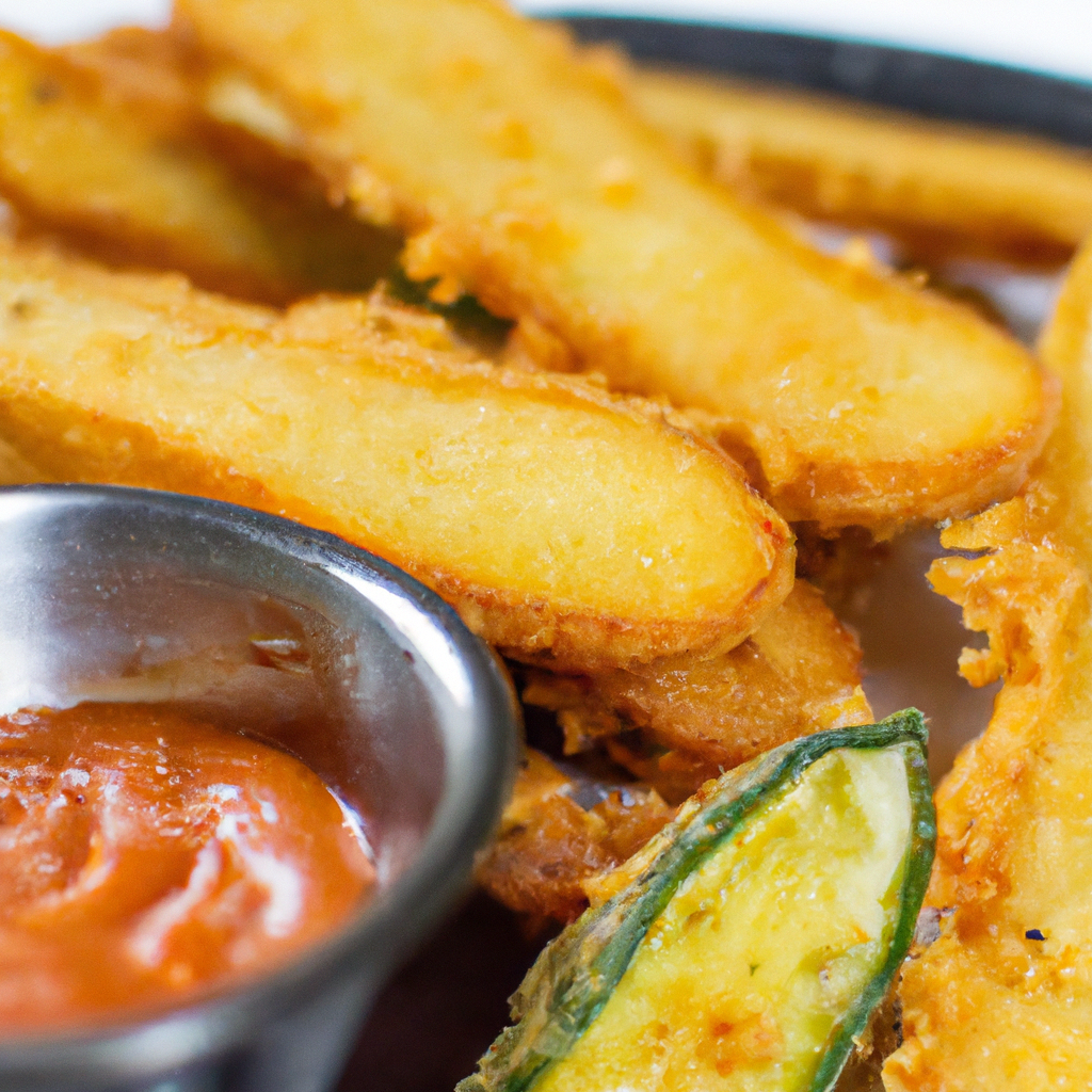 An image showcasing golden-brown zucchini fries, perfectly crispy on the outside, with a tender interior