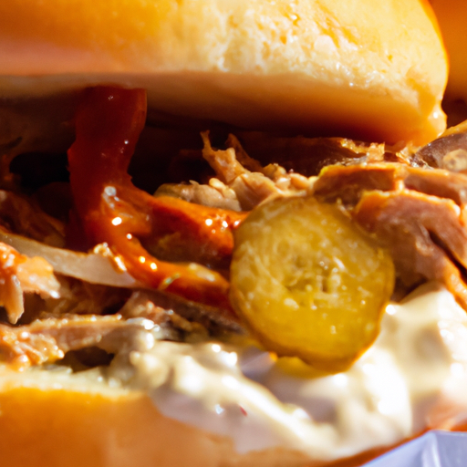 a close-up shot of a mouthwatering Alabama pulled pork sandwich, piled high with tender, smoky meat, slathered in a tangy white barbecue sauce, adorned with pickles and served on a soft, toasted bun