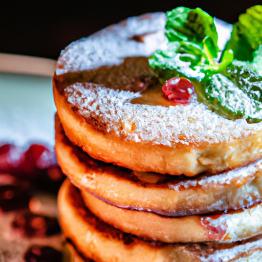 An image showcasing a stack of golden almond griddle cakes, topped with a vibrant cranberry syrup, garnished with a dusting of powdered sugar, and adorned with a sprig of fresh mint