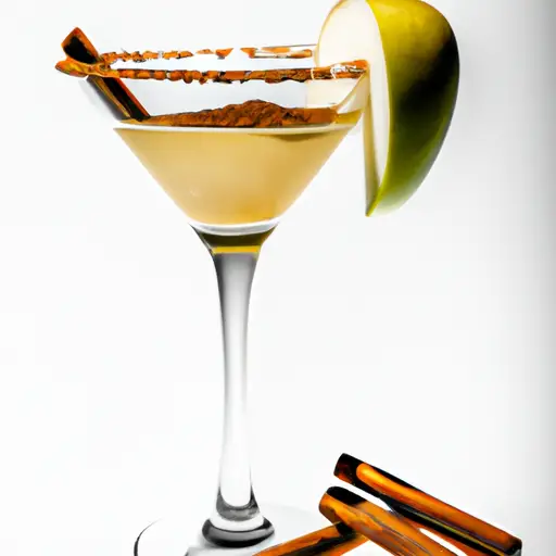 An image showcasing a sleek, transparent martini glass, rimmed with cinnamon sugar, filled with a vibrant apple-colored cocktail