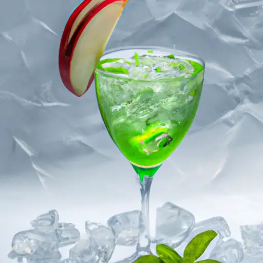 An image of a sleek, transparent cocktail glass filled with a vibrant green liquid, garnished with a crisp slice of red apple