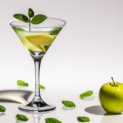 An enticing image showcasing an Apple Martini Rocks Cocktail - a crystal-clear glass filled with a vibrant green concoction, adorned with a fresh apple slice and a perfectly balanced sprig of mint