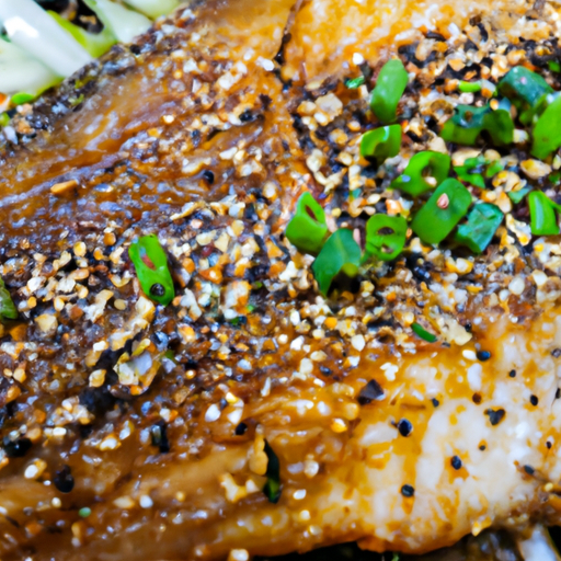 Close-up of a perfectly grilled striped bass, glazed with a glossy Asian marinade, glistening under the warm sun