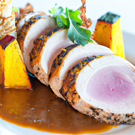 An image that showcases a succulent pork tenderloin marinated in Asian-inspired spices, perfectly grilled and served alongside vibrant maple-lime glazed acorn squash rings with a caramelized finish