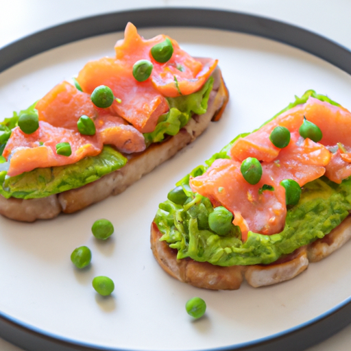 An image showcasing vibrant, open-faced Avocado-and-Pea Salmon Tartines