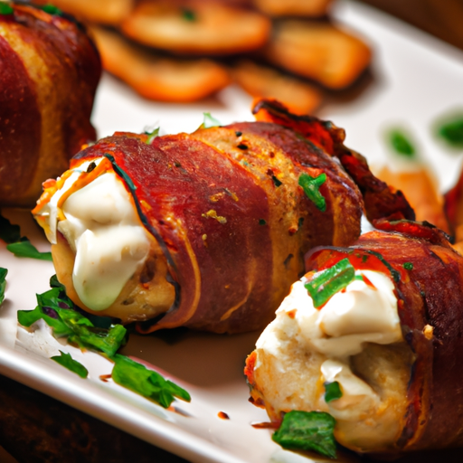 An image capturing a succulent chicken breast wrapped in crispy bacon, oozing with creamy goat cheese