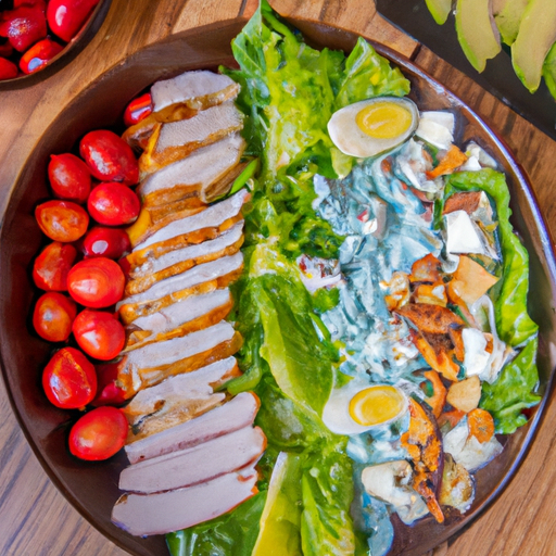 An image capturing a vibrant BBQ Chicken Cobb Salad: juicy, grilled chicken resting on a bed of crisp romaine lettuce, adorned with colorful rows of cherry tomatoes, avocado slices, hard-boiled eggs, crumbled bacon, and tangy blue cheese crumbles