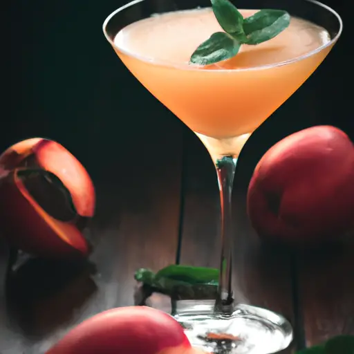 An image capturing the essence of a refreshing Bellini Martini: a frosty martini glass elegantly adorned with a blush-colored cocktail, topped with a slice of ripe peach and a sprig of fresh mint