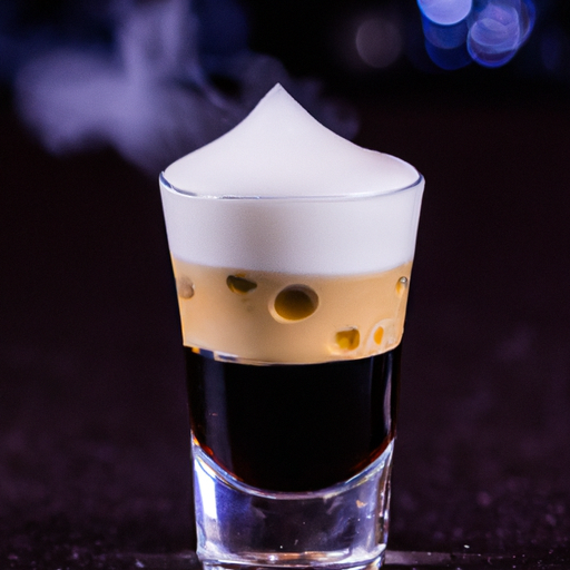 An image showcasing a sleek, crystal-clear shot glass filled halfway with a velvety, midnight-black liquid, crowned with a delicate layer of creamy white foam, beckoning the viewer to indulge in the enticing Black Russian Shooter cocktail