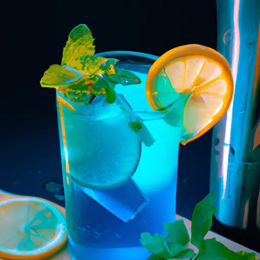 An image that captures the essence of a refreshing Blue Lagoon cocktail: a vibrant turquoise drink adorned with a slice of juicy lemon, surrounded by crushed ice, and garnished with sprigs of fresh mint