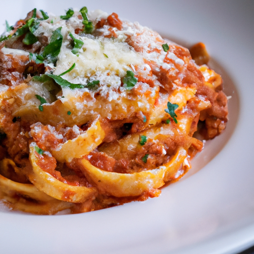 An image capturing the essence of Bolognese: a steaming plate of al dente tagliatelle pasta generously coated in a rich, velvety tomato sauce infused with aromatic herbs, garnished with freshly grated Parmigiano-Reggiano