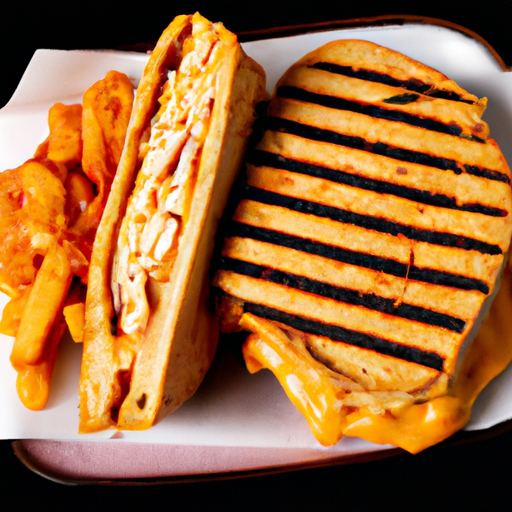 An image that showcases a sizzling Buffalo Chicken Panini, perfectly grilled to golden-brown perfection