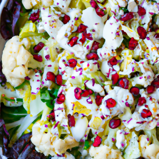 An enticing image of a vibrant salad bowl filled with crisp, white cauliflower florets, jewel-like pomegranate seeds, and a medley of colorful vegetables, all drizzled with a tangy dressing