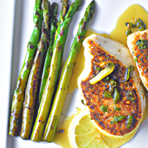 An image of succulent Charred Lemon Chicken Piccata, where golden-brown chicken cutlets are topped with a tangy sauce, garnished with charred lemon slices, and served alongside vibrant green asparagus spears